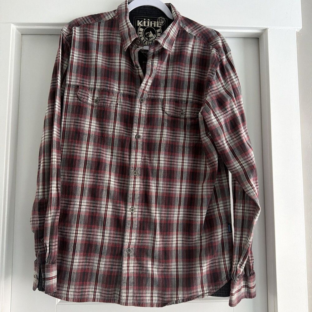 Kuhl Plaid Shirt Mens Large Outdoor Hiking Trail Button Up Red Gray